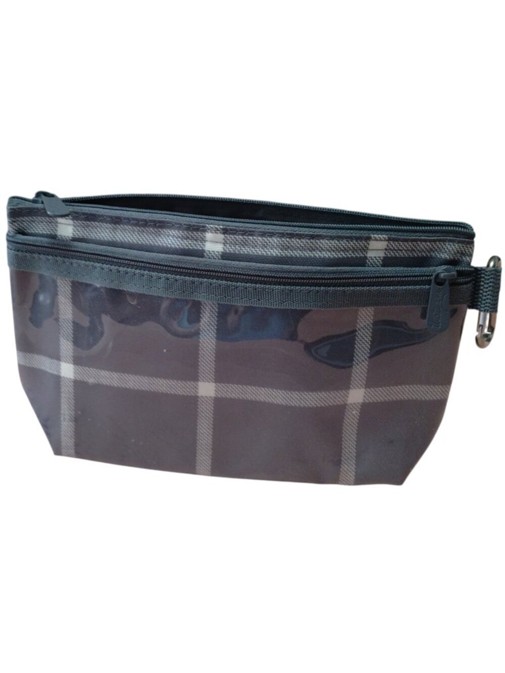 Thirty-One Gray Plaid Zip Up Pouch Cosmetic Make Up Bag Travel Vacation Classic